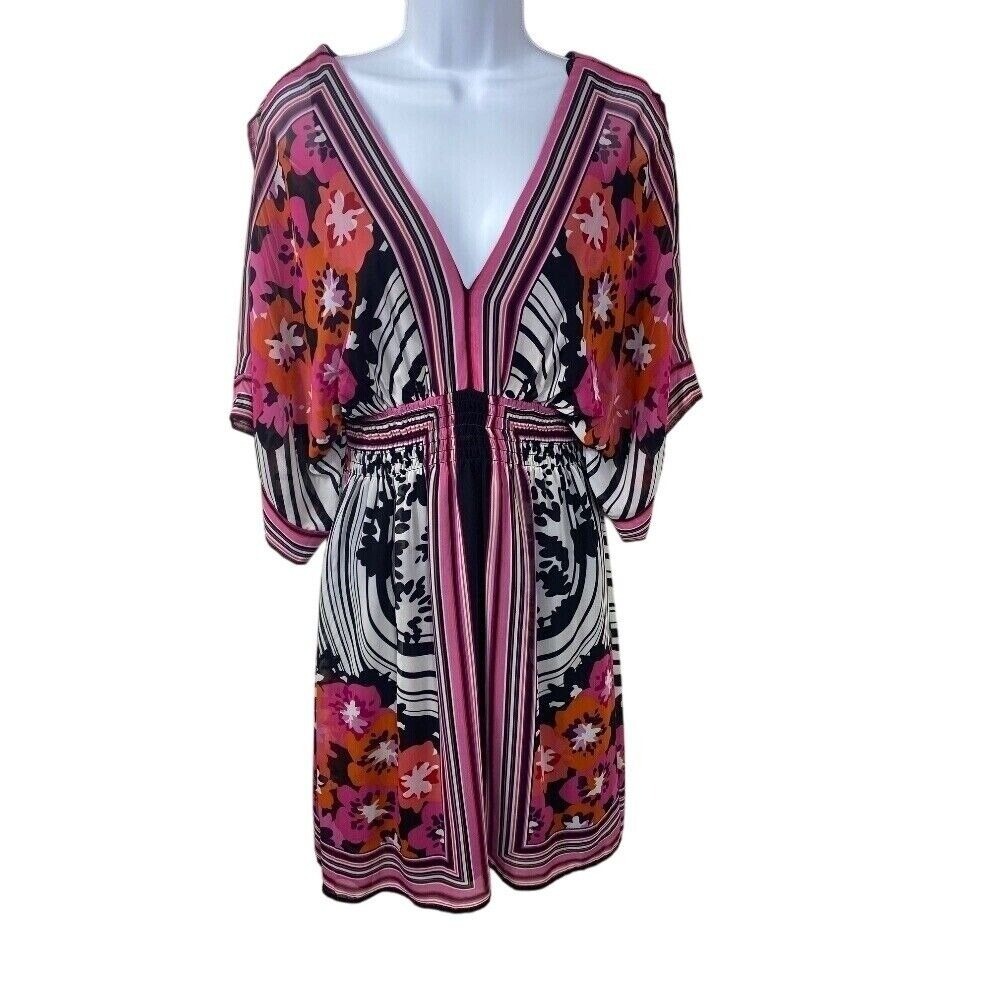 Bisou Bisou Floral Print Dress V-Neck Sheer Short Sleeve Blouson Artsy Sz 14